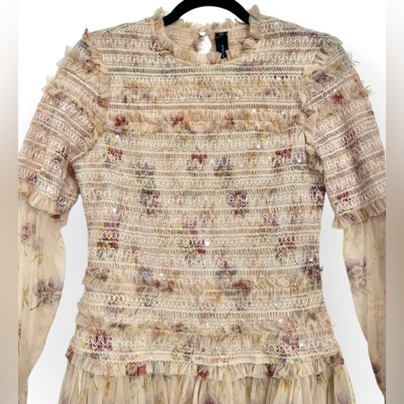 NEEDLE & THREAD Think Of Me Sequined Shirred Floral-Print Tulle Mini, Size 8 - Picture 6 of 16